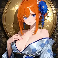 青い花飾りの浴衣美女