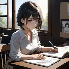 窓辺で描く少女