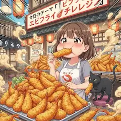 エビフライチャレンジ！少女と黒猫の大食い