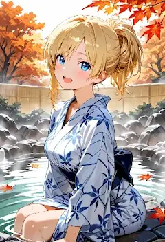 紅葉の湯に浮かぶ金色の笑顔