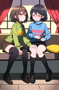 Chara petting Frisk\'s thighs gently