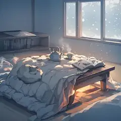 雪窓辺の猫と静かな午後ティー