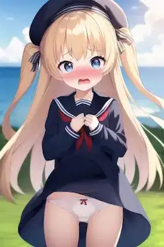 突風に驚く金髪少女 その2