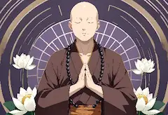 白蓮に包まれる僧侶の静かな祈り