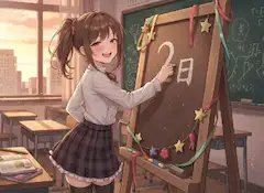 夕陽の教室で笑顔の少女