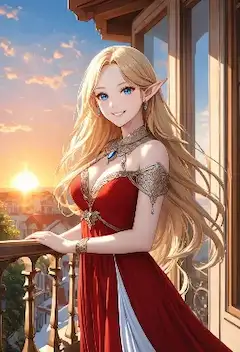 夕陽のバルコニーで微笑む金髪のエルフ