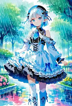 雨の庭園を駆ける青い妖精