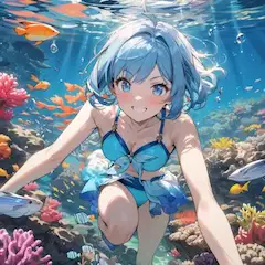 青い髪の少女と海底の秘密の冒険