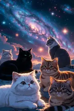 星世界で飯の時間まで待機する猫たち