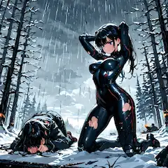 雪雨に佇む黒き戦士の投降