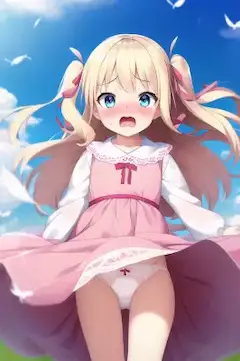 突風に驚く金髪少女