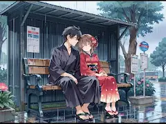 雨のバス停で寄り添う和装の二人