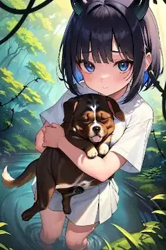 明美が犬を抱いています