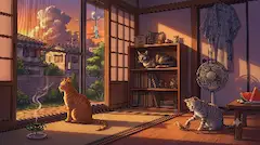 夕暮れ時に気まぐれなにゃんこたち（すー、ぱち、びび）