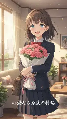 花束を抱えて帰宅した少女の喜び