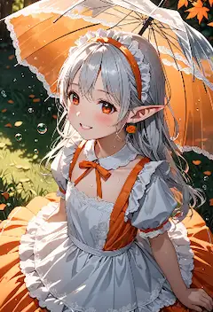 秋の森で微笑むエルフのメイド