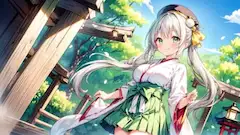 神社で微笑む緑の瞳、白銀の巫女