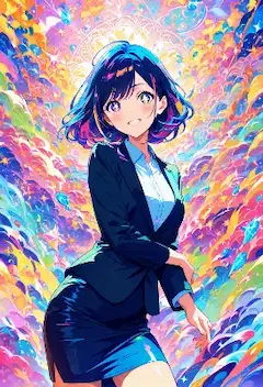 虹色の渦に包まれるスーツの少女