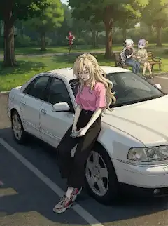公園の駐車場でアウディに寄り掛かってため息して脱力するクリームヒルト😮‍💨