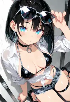 サングラスを掲げる黒髪の夏少女