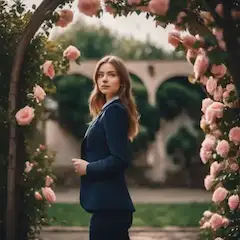 薔薇のアーチに佇む女性