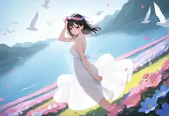 湖畔の花風に舞う少女の夢