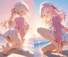 夕陽の砂浜で微笑む二人の少女