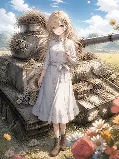 花に包まれた戦車と少女の午後。