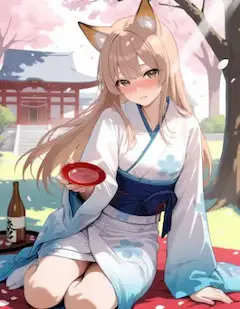 桜舞う寺院で狐娘の花見酒