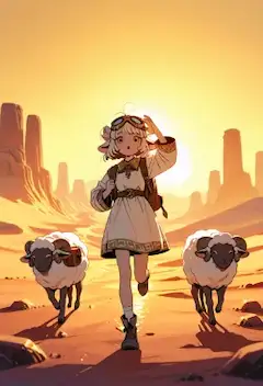 羊娘の夕陽に輝く砂漠冒険
