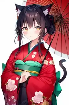 黒猫娘と赤い着物