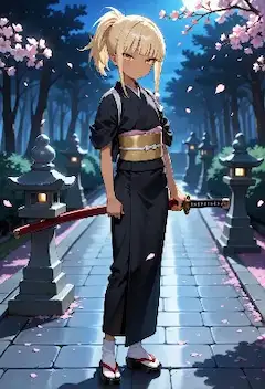 桜舞う夜の剣士少女（自動生成）