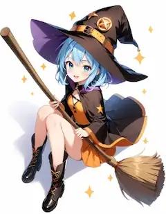 魔法の箒に跨る青髪魔女