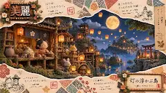 月夜の島で灯りをともす仲間たち