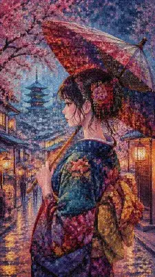 桜雨の古都を歩む着物少女