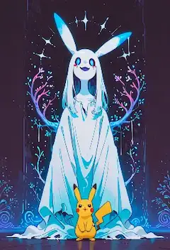 輝くウサギの精霊とピカチュウの絆