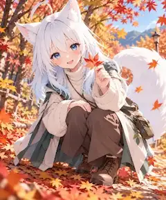 紅葉の森で微笑む白狐の少女