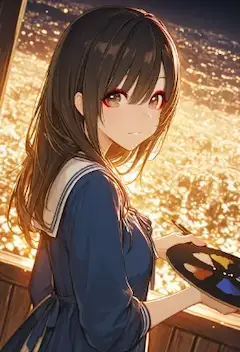 夜景に溶け込む少女の筆先