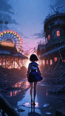 思い出を辿る少女(被災地の遊園地)