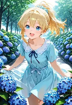 紫陽花の森で輝く少女の夏の笑顔