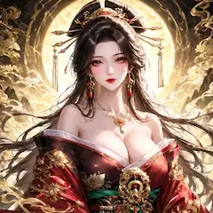 月輪を背に立つ紅衣の美女