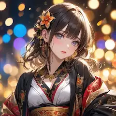 夜の灯りに輝く着物少女