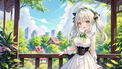 緑の風が吹くバルコニーの少女