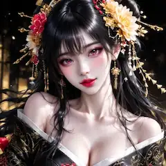 花と金に彩られた黒髪美女