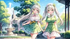 緑の双子と輝く噴水の午後