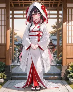 白無垢の少女が立つ秋の神社