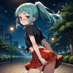 夜風に揺れる赤いスカートと…