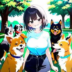公園で犬たちと少女