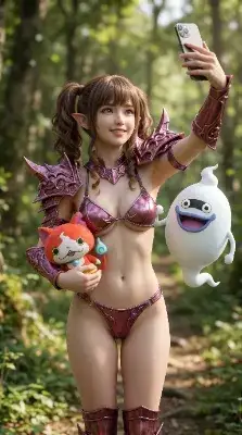 妖怪のぬいぐるみを持ってカメラで写真を撮るエルフ