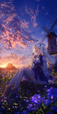 美しい夕暮れと風車の下で微笑むメリュジーヌ